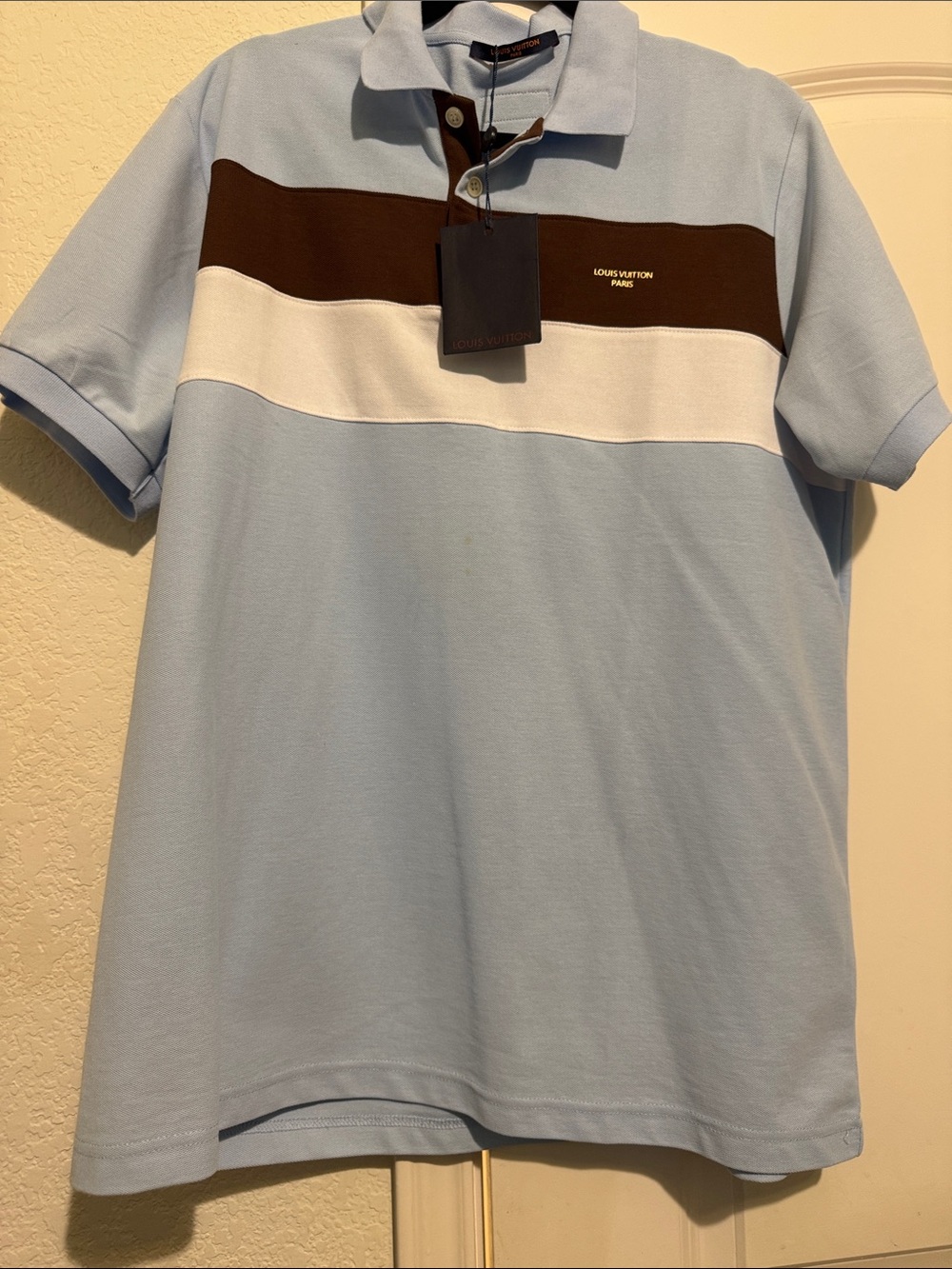 Louis Vuitton Men’s Light Blue Polo with Brown & White Stripe